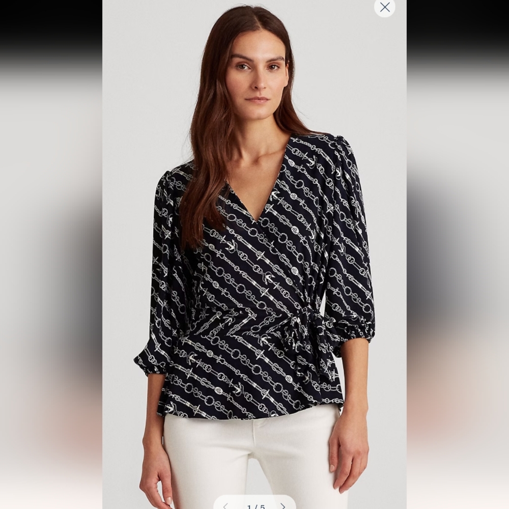 Lauren Ralph Lauren Anchor Wrap Top Womens 2X Navy White Nautical Blouse Office